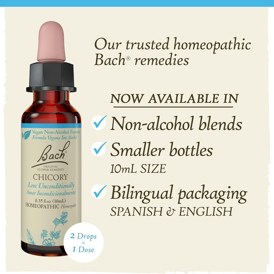 Bach Original Flower Remedies, Chicory For Unconditional Love (Non-Alcohol Formula), Natural Homeopathic Flower Essence, Holistic Wellness And Stress Relief, Vegan, 10Ml Dropper