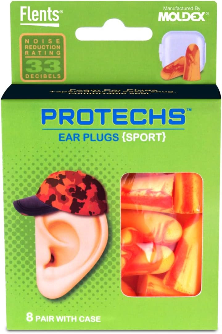 Flents Protechs Reusable Sport Ear Plugs, Ideal For Extreme Noise, Reduces Pressure And Background Noise, 8 Pairs With Travel Size Case, Easy Use With Comfort Fit, Nrr 33, Orange, Made In The Usa