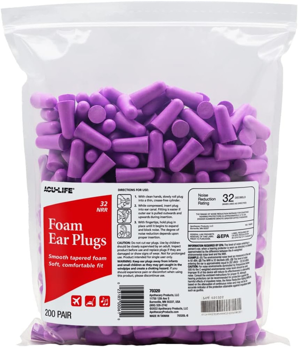 Foam Ear Plugs, 200 Pair For Sleeping, Snoring, Loud Noise, Traveling, Concerts, Construction, & Studying, Nrr 32, Purple