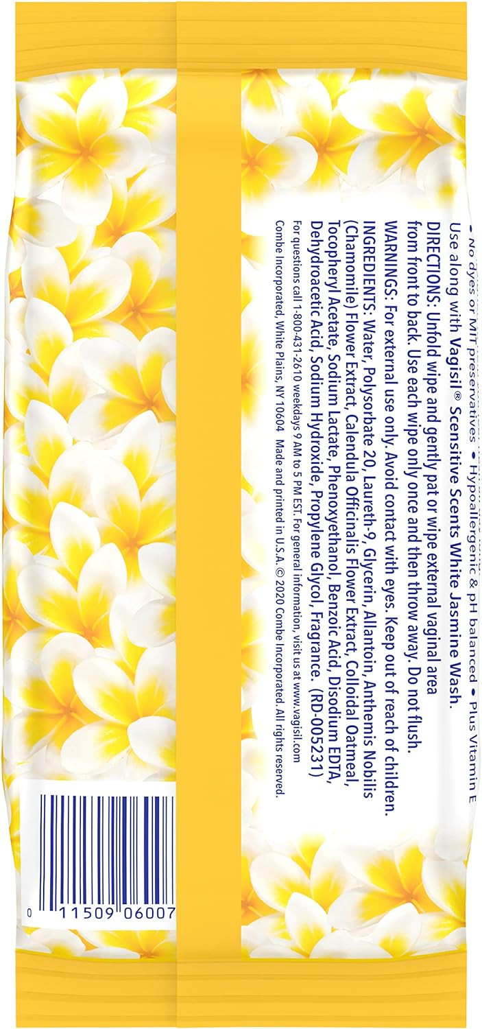 Vagisil Scentsitive Scents Daily Feminine Intimate Wipes For Women, Gynecologist Tested, White Jasmine, 30 Wipes In Resealable Pouch (Pack Of 1)