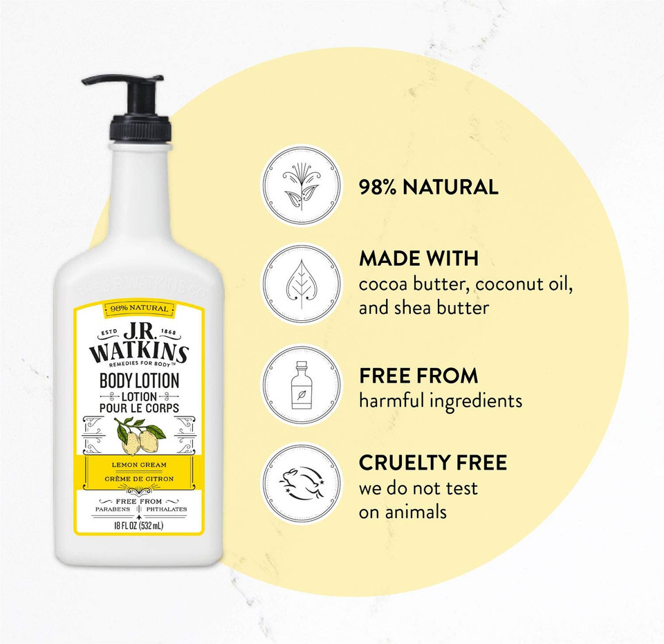 J.R. Watkins Natural Hand & Body Lotion, Lemon Cream, 18 Ounce (Pack of 6)