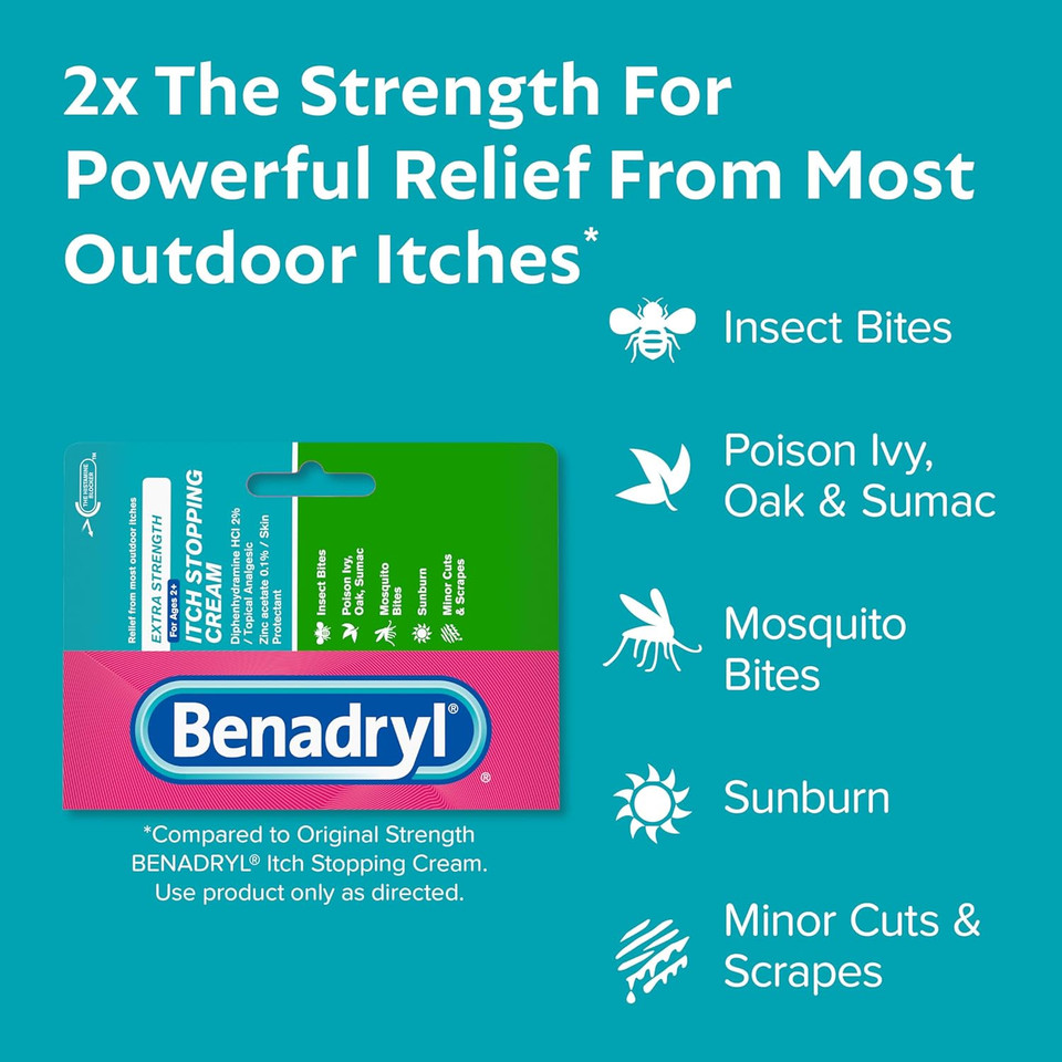 Benadryl Extra Strength Anti-Itch Topical Cream With 2% Diphenhydramine Hci & For Itch Relief Of Outdoor Itches Associated With Poison Ivy, Insect Bites & More, 3 X 1 Oz