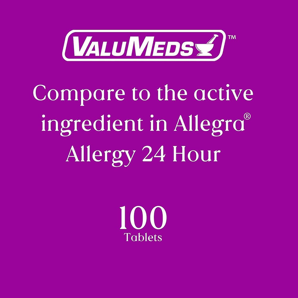 Valumeds 100-Count Allergy Medicine Tablets | Fexofenadine Hcl | Non-Drowsy Antihistamine For Hay Fever, Itchy Eyes | For Kids, Adults