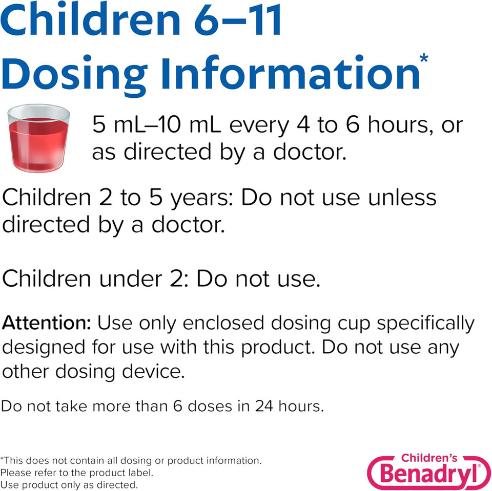 Benadryl Children'S Allergy Relief Liquid Medicine With Diphenhydramine Hcl, Kids' Allergy Syrup For Allergy Symptoms Like Runny Nose, Itchy Eyes & More, Cherry Flavor, 4 Fl. Oz