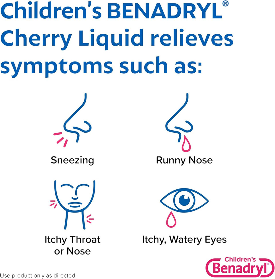 Benadryl Children'S Allergy Relief Liquid Medicine With Diphenhydramine Hcl, Kids' Allergy Syrup For Allergy Symptoms Like Runny Nose, Itchy Eyes & More, Cherry Flavor, 4 Fl. Oz