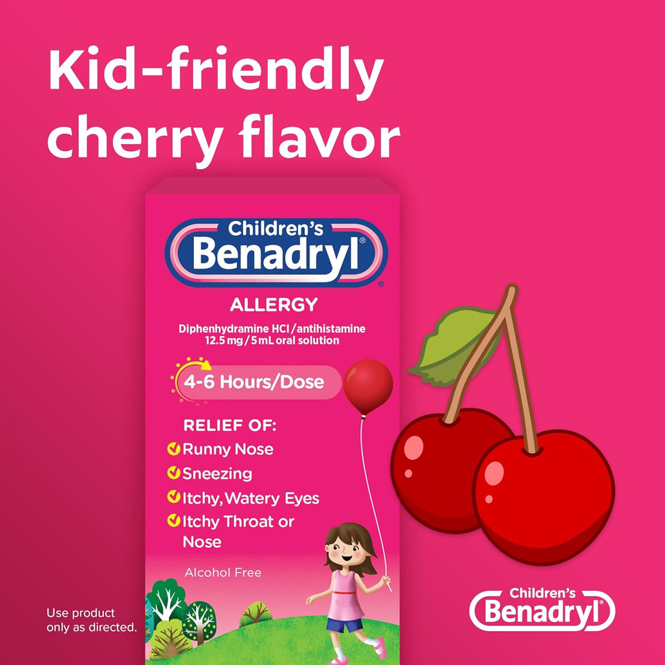 Benadryl Children'S Allergy Relief Liquid Medicine With Diphenhydramine Hcl, Kids' Allergy Syrup For Allergy Symptoms Like Runny Nose, Itchy Eyes & More, Cherry Flavor, 4 Fl. Oz