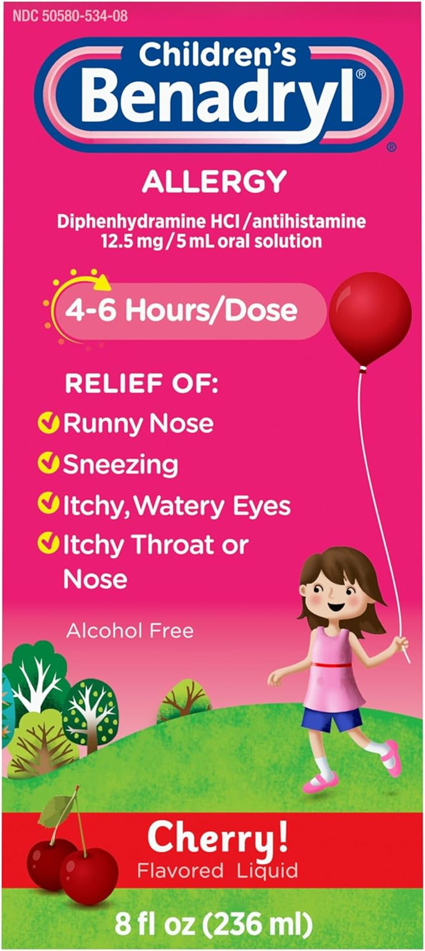 Benadryl Children'S Allergy Relief Liquid Medicine With Diphenhydramine Hcl Antihistamine For Kids' Allergy Relief, Effective Allergy Relief, Cherry Flavor, 8 Fl. Oz