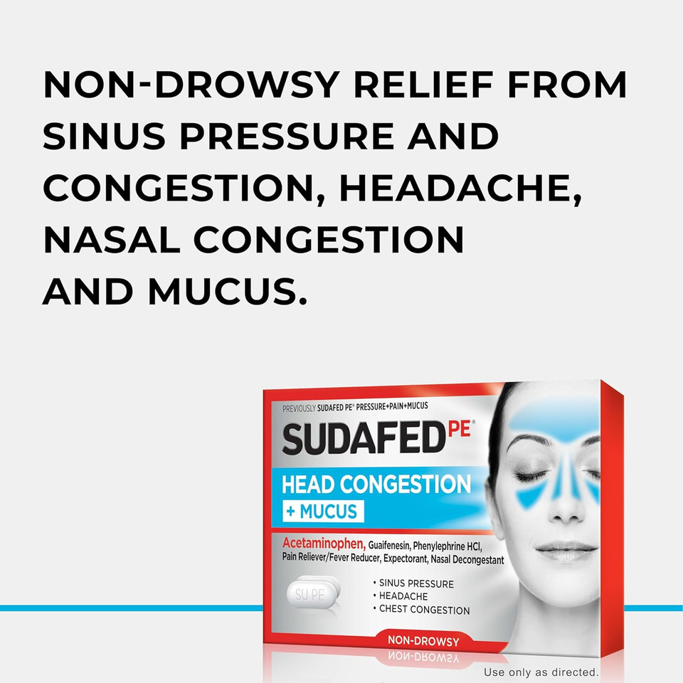Sudafed Pe Head Congestion + Mucus Relief Tablets For Sinus Pressure, Congestion, & Headache, Non-Drowsy Decongestant With Acetaminophen, Guaifenesin & Phenylephrine Hci, 24 Ct