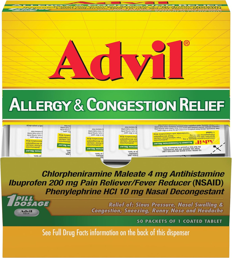 Advil Allergy And Congestion Relief Tablets, Pain Reliever, Fever Reducer And Allergy Relief With Ibuprofen, Phenylephrine Hcl And Chlorpheniramine Maleate 4 Mg - 50 Coated Tablets