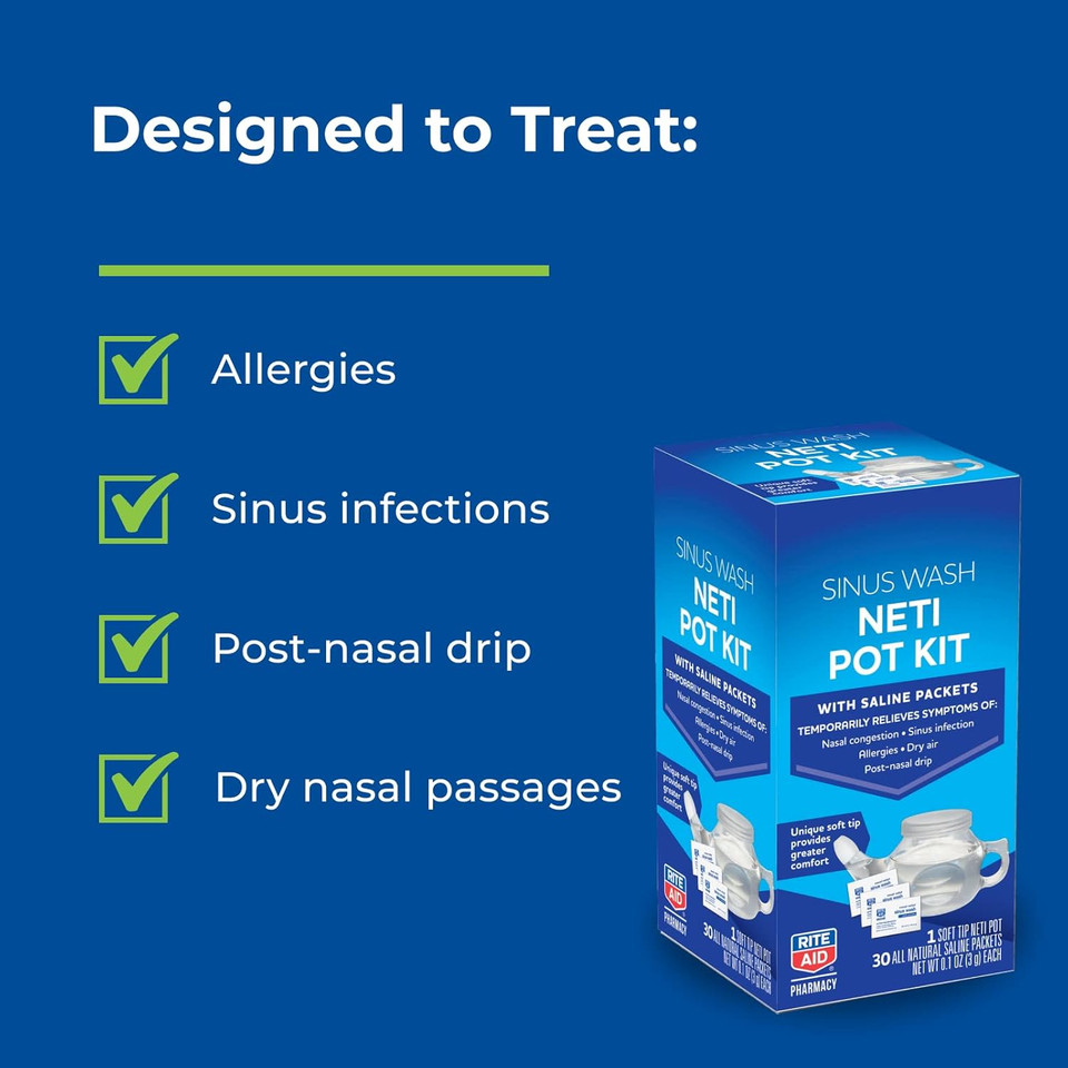 Rite Aid Neti Pot Nasal Rinse Kit With 30 Salt Packets - 1 Kit | Sinus Rinse For Adults & Children | Sinus Relief