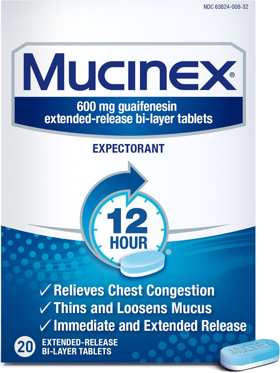 Mucinex Chest Congestion, Expectorant 12 Hour Extended Release Tablets, 20Ct, 600Mg Guaifenesin With Extended Relief Of Chest Congestion Caused By Excess Mucus. Thins And Loosens Mucus
