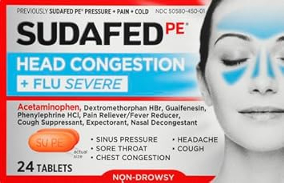 Sudafed Pe Head Congestion + Flu Severe Decongestant Tablets For Adults, 24 Ct