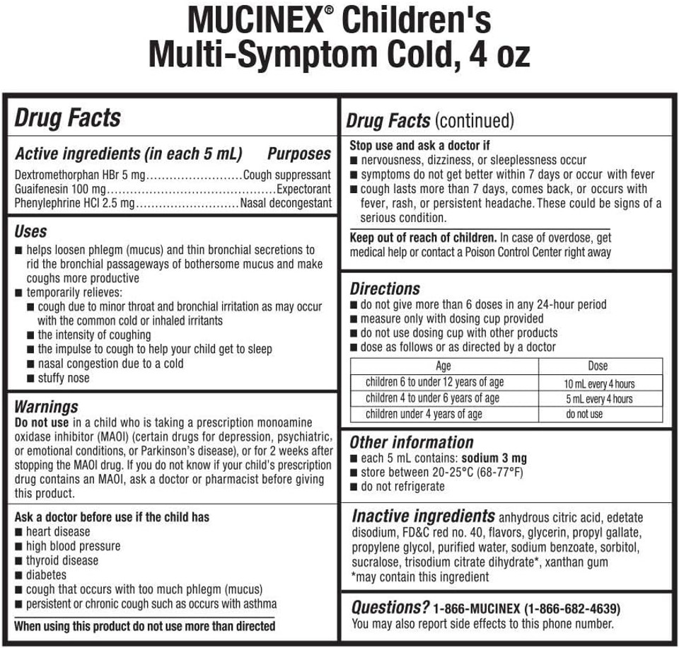 Mucinex Cough Suppresent Chest Congestion And Stuffy Nose Relief Children'S Multi-Symptom Cold Liquid, Very Berry, 6.8 Fl Oz (Pack Of 1)