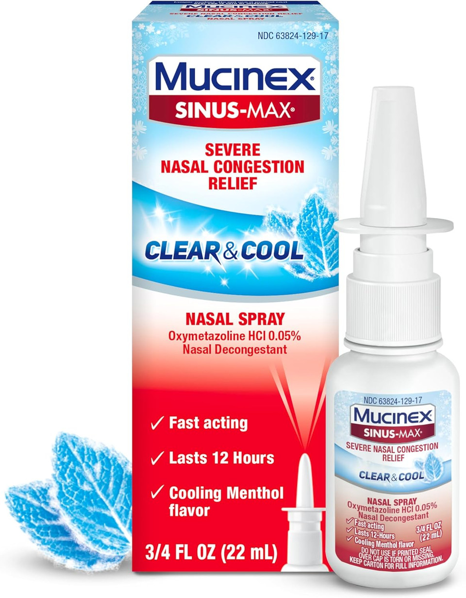 Mucinex Sinus-Max Nasal Spray Decongestant, 12 Hour Over-The-Counter Medication Nose Spray For Sinus Relief, Nasal Decongestants For Adults & Sinus Congestion, Cooling Menthol, 0.75 Fl Oz