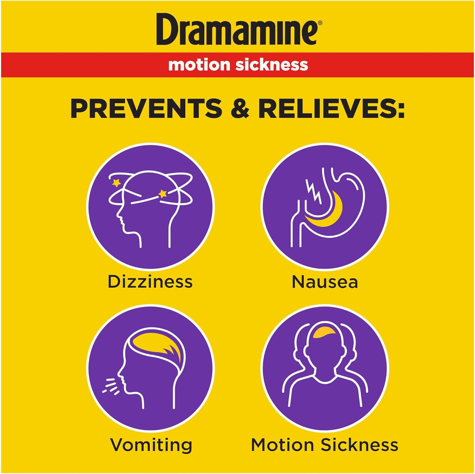 Dramamine Chewable Less Drowsy, Motion Sickness Relief, Raspberry Cream Flavor, 12 Count, 2 Pack