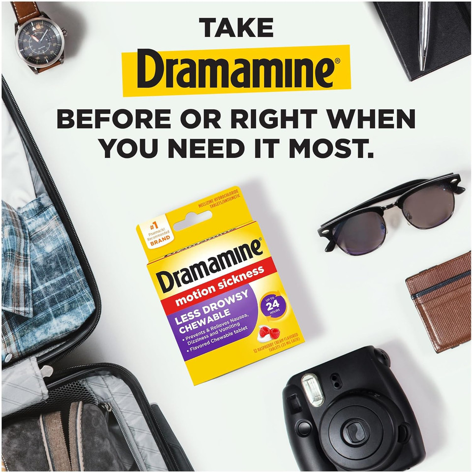 Dramamine Chewable Less Drowsy, Motion Sickness Relief, Raspberry Cream Flavor, 12 Count, 2 Pack