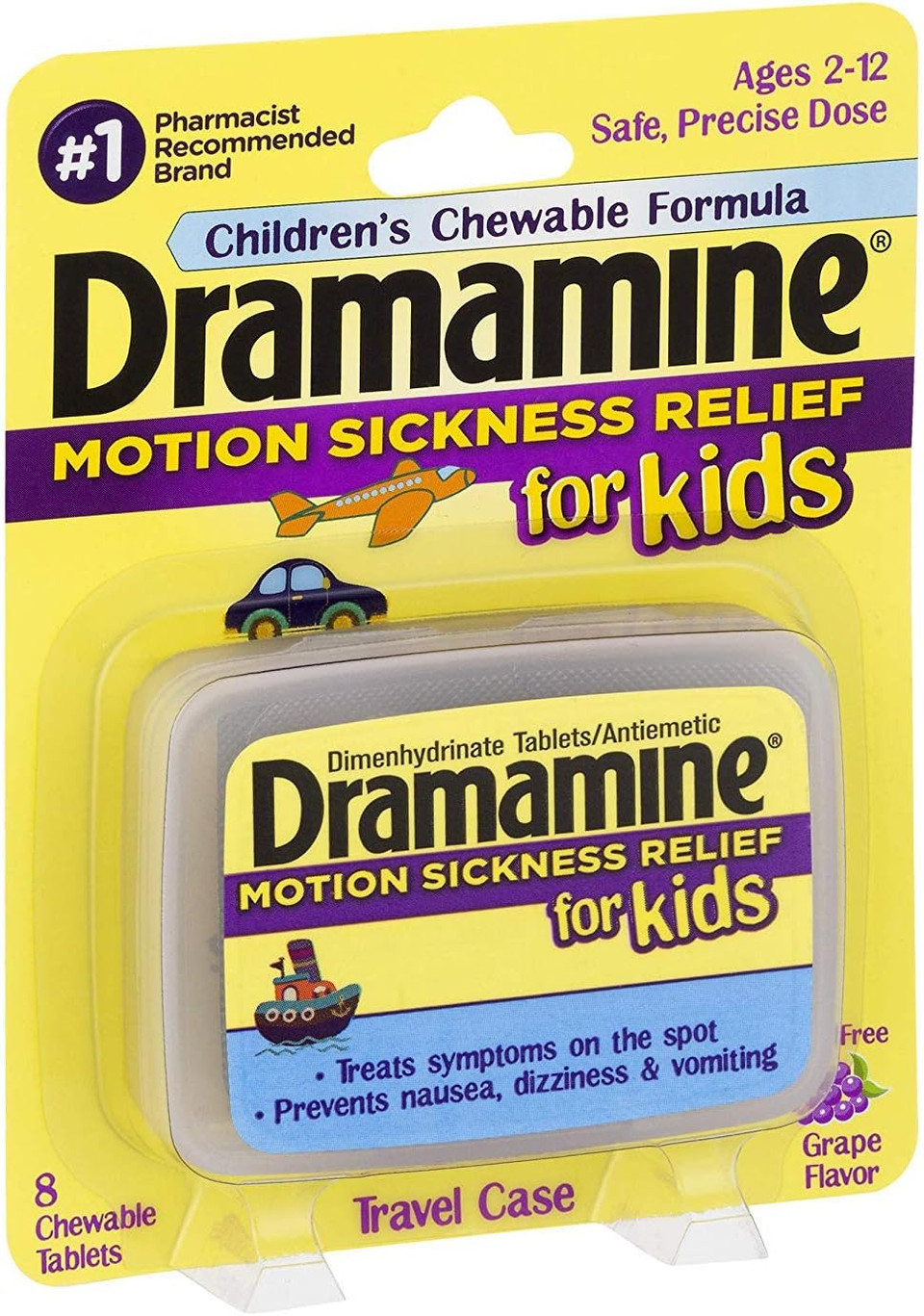 Dramamine Motion Sickness for Kids, Chewable, Dye Free, Grape flavored, 8 Count, 6 Pack