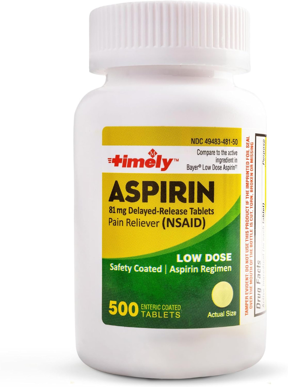 Timely - Low Dose Aspirin 81Mg - 500 Tablets - Compared To The Active Ingredient In Bayer Low Dose - Enteric Coated Low Strength - Pain Reliever For Minor Aches And Pains, Fever Reducer - Made In Usa