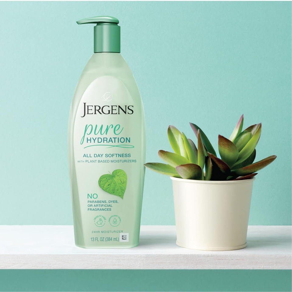 Jergens Pure Hydration Body Lotion, Plant Based Moisturizer Hydrates Dry to Extra Dry Skin, Paraben and Cruelty Free, Fragrance Free Formula, 24hr Hydration, 13 oz Pump Bottle