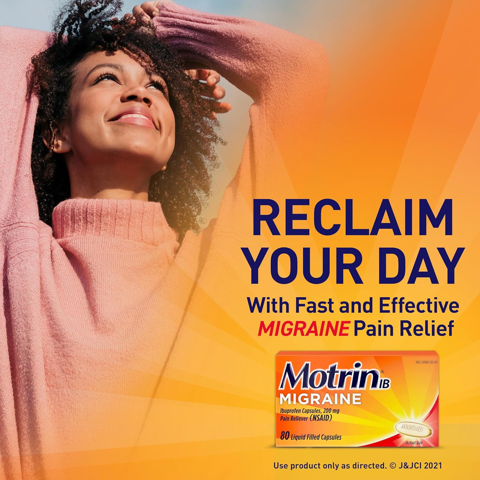 Motrin Ib Migraine Liquid Gel Caps, Ibuprofen 200 Mg, Migraine Relief Medicine, 80 Ct
