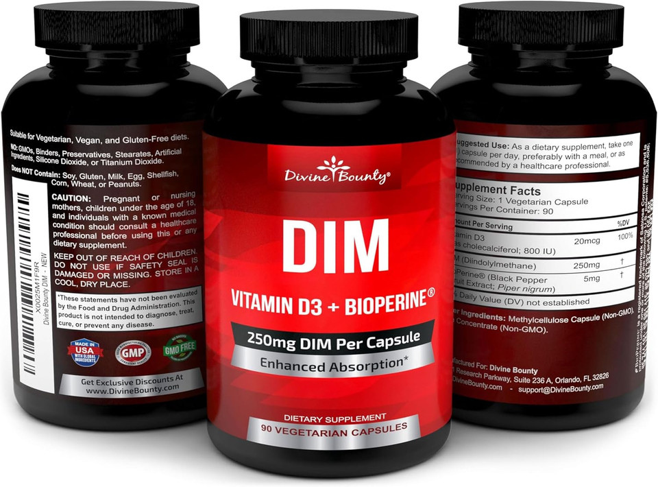 Dim Supplement 250Mg With Vitamin D3 Plus Bioperine - Diindolylmethane Menopause & Estrogen Support, Hormone Balance Support For Women And Men - 90 Vegetarian Caps