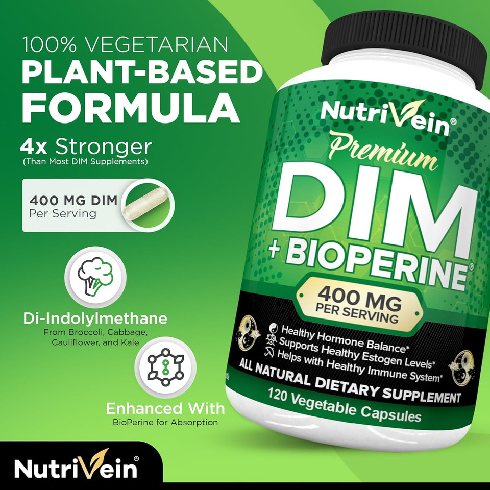 Nutrivein Dim Supplement 400Mg Diindolylmethane Plus Bioperine - Maintain Hormone Balance With Estrogen For Menopause And Middle Age - Supports Acne And Pcos Treatment Men & Women