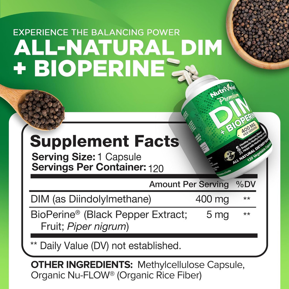 Nutrivein DIM Supplement 400mg Diindolylmethane Plus Bioperine - Maintain Hormone Balance with Estrogen for Menopause and Middle Age - Supports Acne and PCOS Treatment Men & Women