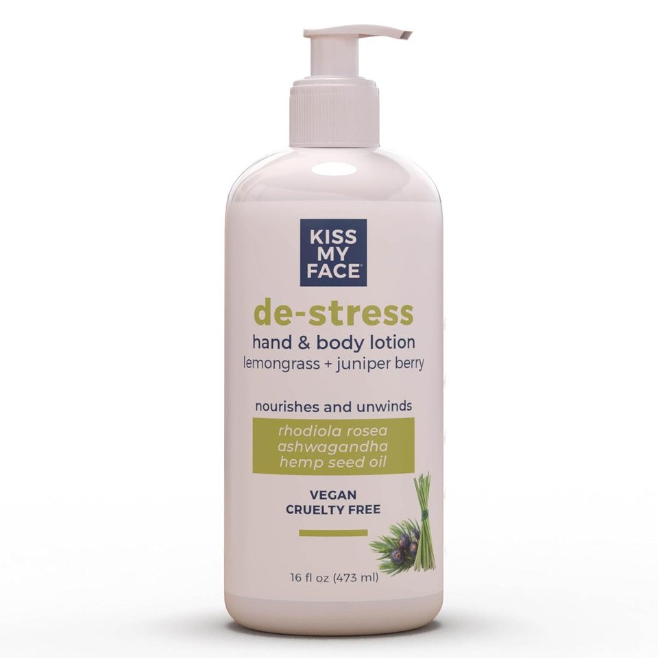 Kiss My Face De-Stress Hand & Body Lotion - Lemongrass + Juniper Berry - Soothing Rhodiola Rosea - With Hemp Seed Oil & Ashwagandha - Vegan & Cruelty-Free - 16 Fl Oz Bottle Kiss My Face De-Stress Hand & Body Lotion - Lemongrass + Juniper Berry - Soothing Rhodiola Rosea - With Hemp Seed Oil & Ashwagandha - Vegan & Cruelty-Free - 16 Fl Oz Bottle