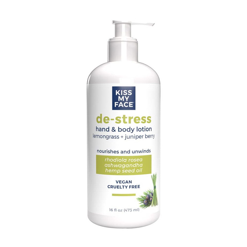 Kiss My Face De-Stress Hand & Body Lotion - Lemongrass + Juniper Berry - Soothing Rhodiola Rosea - With Hemp Seed Oil & Ashwagandha - Vegan & Cruelty-Free - 16 fl oz Bottle