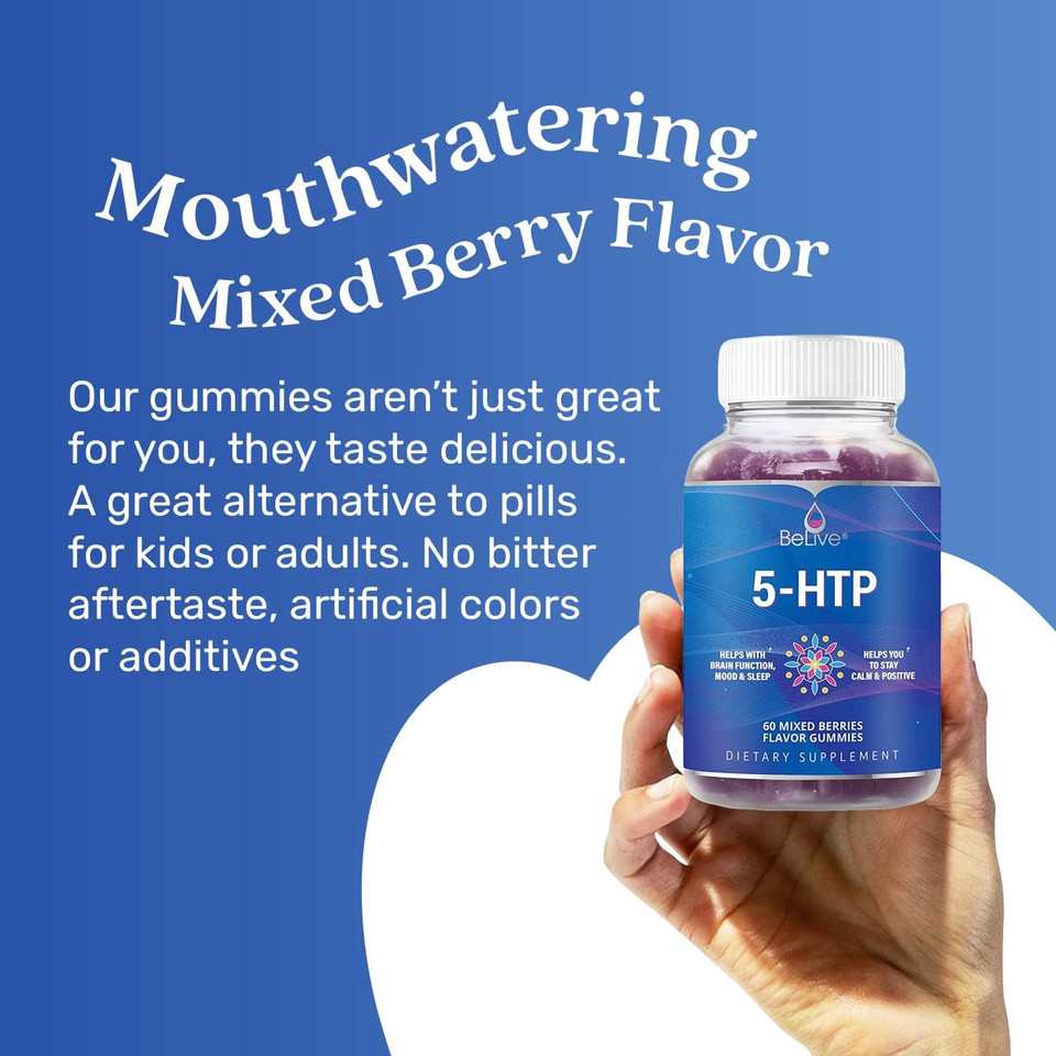 Belive 5-Htp Gummies - 60 Ct I 5Htp Stress Relief Gummies For Better Sleep, Heightened Focus, Mood Booster & Stress Relief I Serotonin Booster For Adults, Vegan 5 Htp Supplement - Mixed Berries Flavor