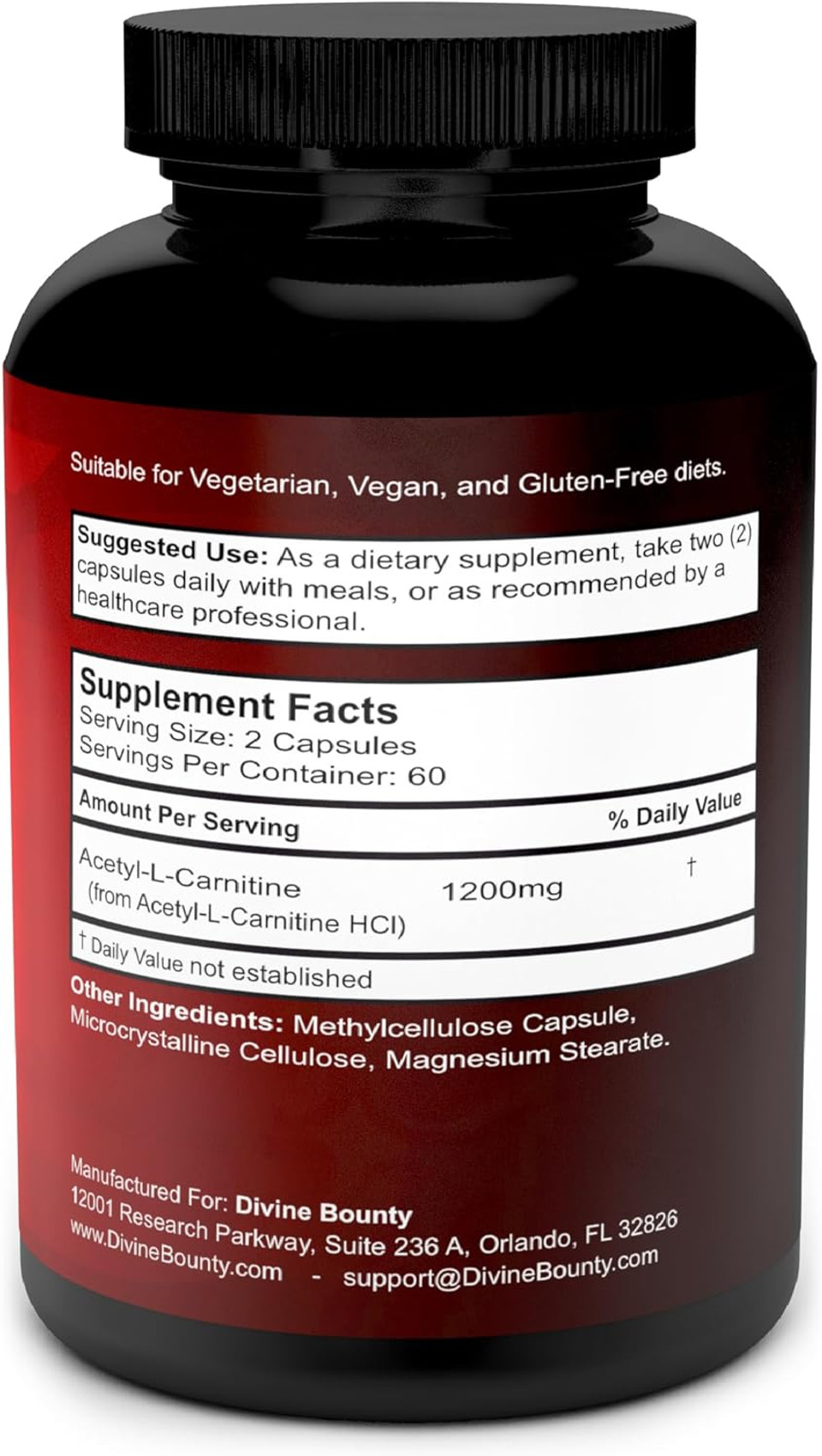 Divine Bounty Acetyl L-Carnitine Capsules 1200Mg Per Serving - L Carnitine Supplement 120 Vegetarian Capsules