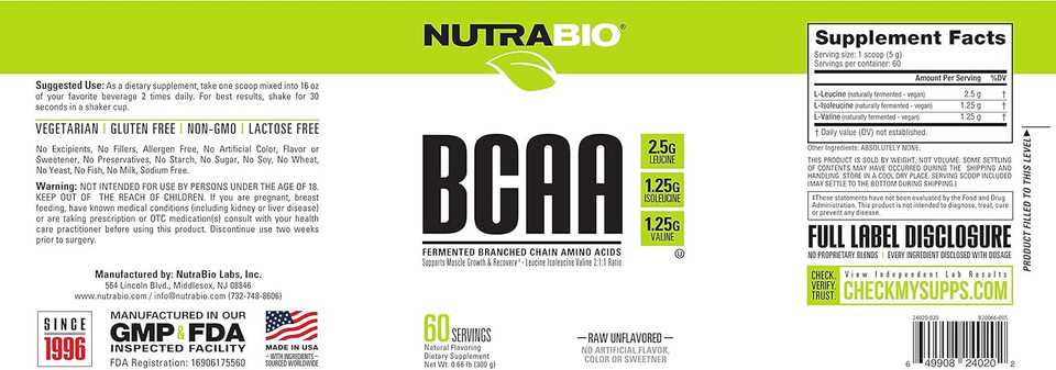 Nutrabio Bcaa 5000 Powder - Fermented Branched Chain Amino Acids For Muscle Growth & Recovery - Natural Flavors, Sweeteners, And Coloring, Vegan, Gluten Free - Unflavored, 60 Servings