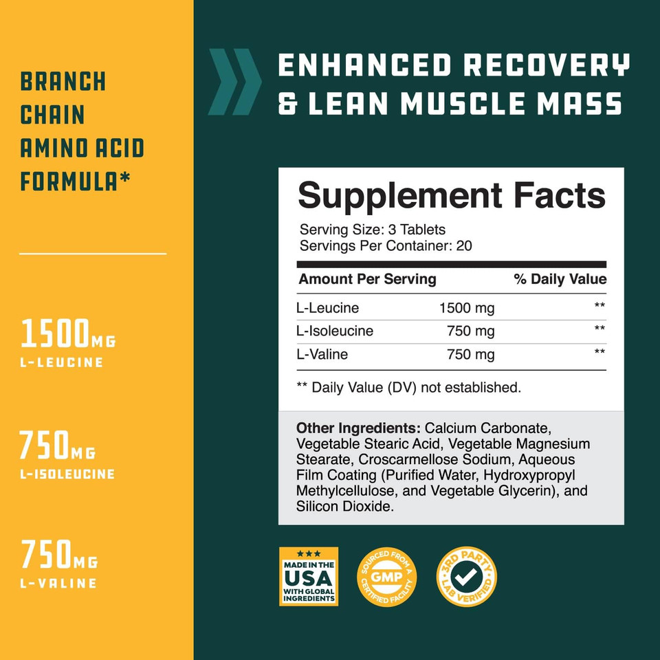 Branch Chain Amino Acids Supplement - Vegan Bcaa Tablets Post Workout Muscle Recovery And Muscle Growth Support - Branched Chain Amino Acids Supplement For Men And Womens Workout Recovery 60 Count