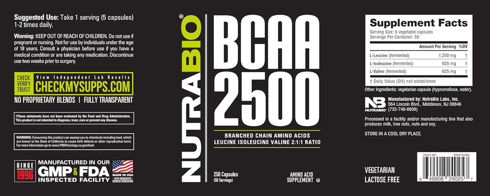 Nutrabio  Bcaa 2500  Branched Chain Amino Acids  Support New Muscle Growth And Prevent Muscle Breakdown  250 Capsules