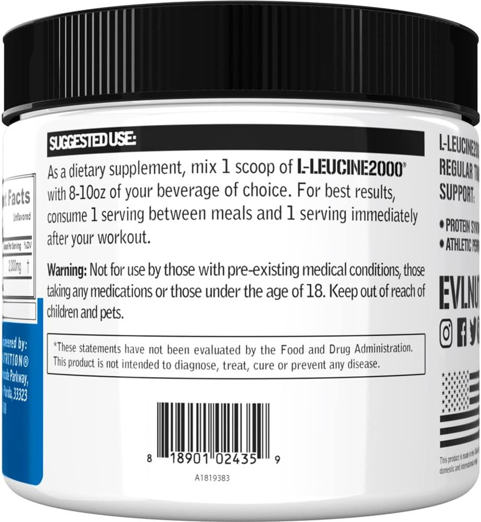 Evlution Nutrition L-Leucine2000, 2000Mg Of Pure L-Leucine In Each Serving, Protein Synthesis, Recovery, Vegan, Gluten-Free, Unflavored Powder (100 Servings)