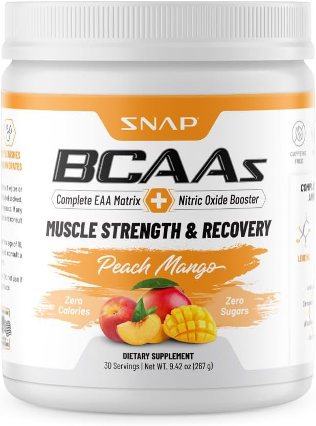 Snap Supplements Plant-Based Bcaa Powder With Nitric Oxide Booster, No Artificial Flavors, Support Muscle Strength And Recovery, 30 Servings, Peach Mango