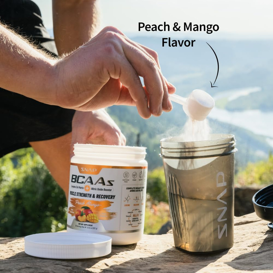 Snap Supplements Plant-Based Bcaa Powder With Nitric Oxide Booster, No Artificial Flavors, Support Muscle Strength And Recovery, 30 Servings, Peach Mango