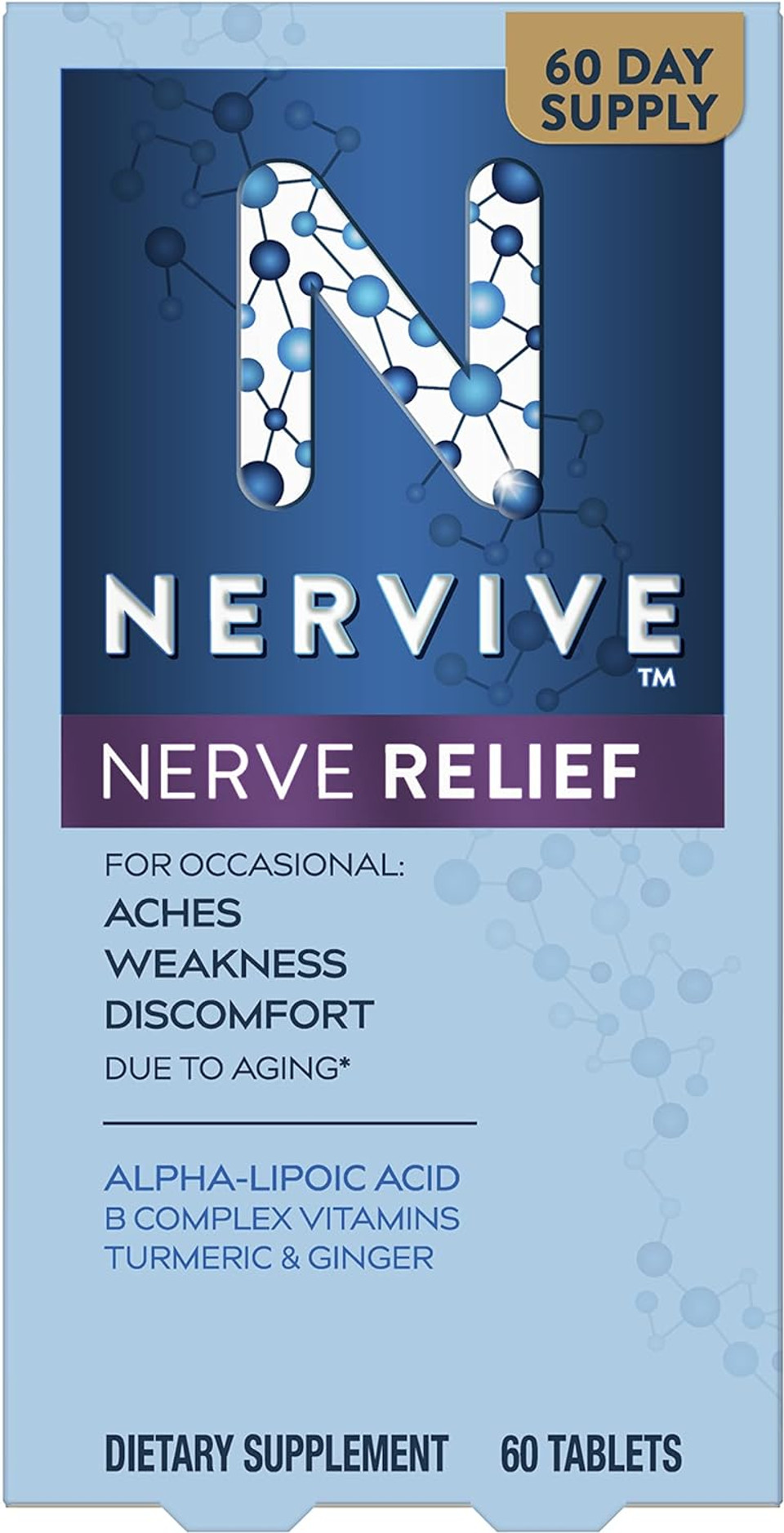 Nervive Nerve Relief, With Alpha Lipoic Acid, To Help Reduce Nerve Aches, Weakness, & Discomfort In Fingers, Hands, Toes, & Feet*, Ala, Vitamins B12, B6, & B1, Turmeric, Ginger, 60 Daily Tablets