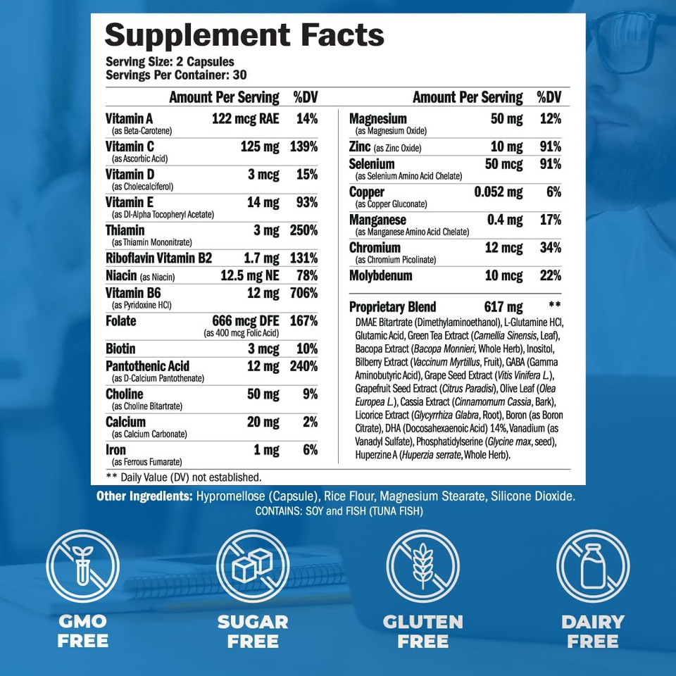 Nootropics Brain Support Supplement - Nootropic Brain Booster For Improved Focus, Concentration & Memory. Brain Nootropic For Brain Health, Mood & Energy Support. Non-Gmo. Made In The Usa. 60 Capsules