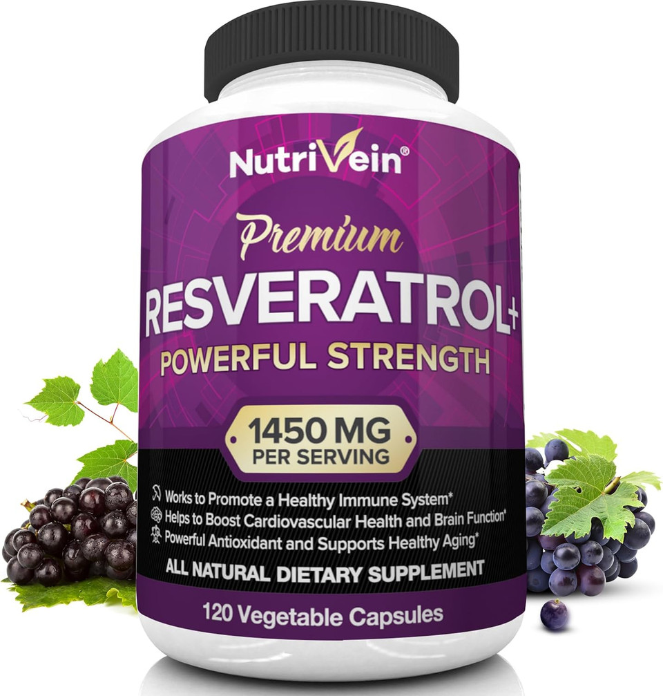 Nutrivein Resveratrol 1450Mg - Antioxidant Supplement 120 Capsules  Supports Healthy Aging & Promotes Immune, Brain Boost & Joint Support - Made With Trans-Resveratrol, Green Tea Leaf, Acai Berry