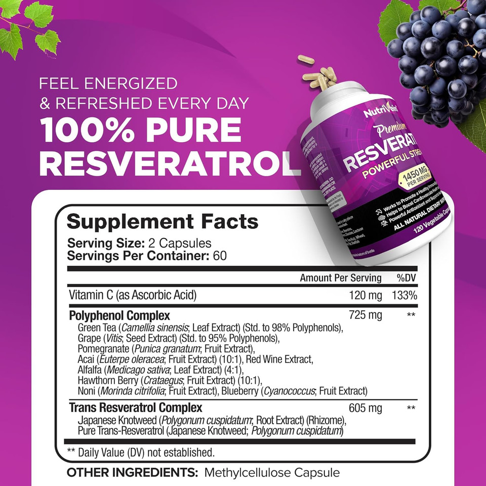 Nutrivein Resveratrol 1450Mg - Antioxidant Supplement 120 Capsules  Supports Healthy Aging & Promotes Immune, Brain Boost & Joint Support - Made With Trans-Resveratrol, Green Tea Leaf, Acai Berry