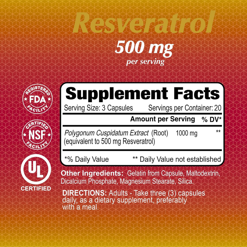 Resveratrol 1000Mg By Alfa Vitamins - Powerful Antioxidant, Helps Prevent Cell Damage - Supports Brain Function, Cardiovascular Health, Metabolism, Anti-Aging Effects - 60 Capsules