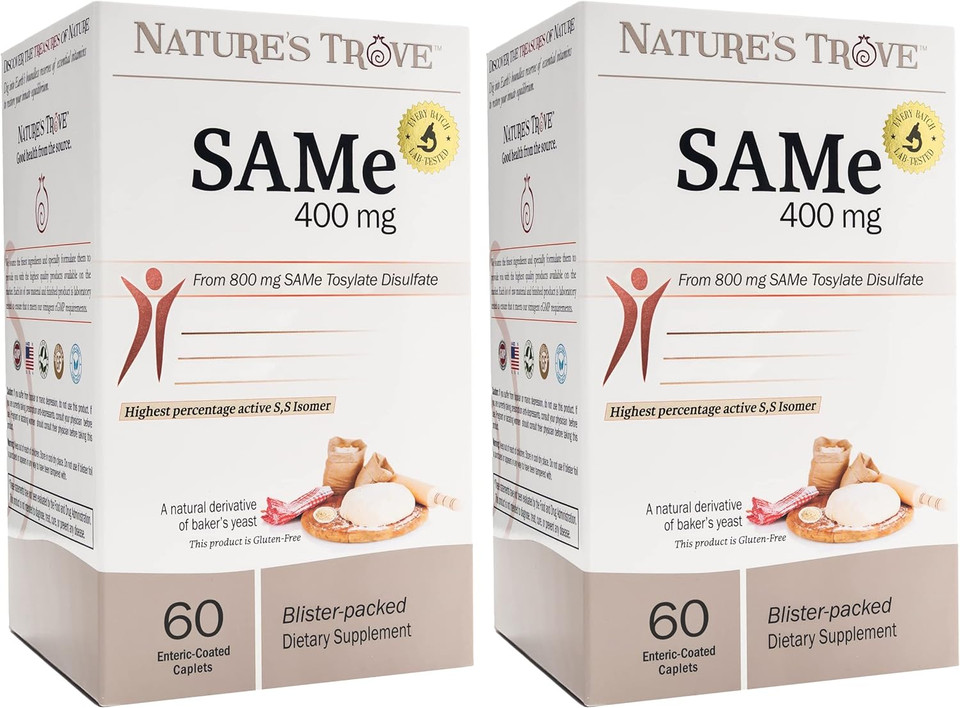 Nature'S Trove Sam-E 400Mg 120 Enteric Coated Caplets (2 Boxes Of 60) - Vegan, Kosher, Non-Gmo, Soy Free, Gluten Free - Mood And Joint Comfort - Cold Form Blister Packed