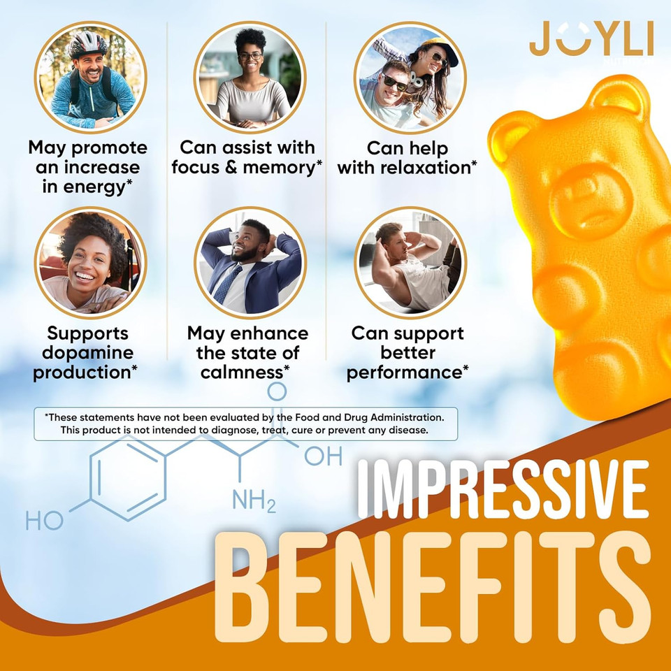 Joyli L Tyrosine Gummies 1000Mg - L-Tyrosine Supplement For Kids & Adults - Calm & Focus Gummies For Brain, Memory, Mood, And Energy - 500Mg L- Tyrosine Powder Per Gummy - Vegan, Gluten-Free Joyli L Tyrosine Gummies 1000Mg - L-Tyrosine Supplement For Kids & Adults - Calm & Focus Gummies For Brain, Memory, Mood, And Energy - 500Mg L- Tyrosine Powder Per Gummy - Vegan, Gluten-Free
