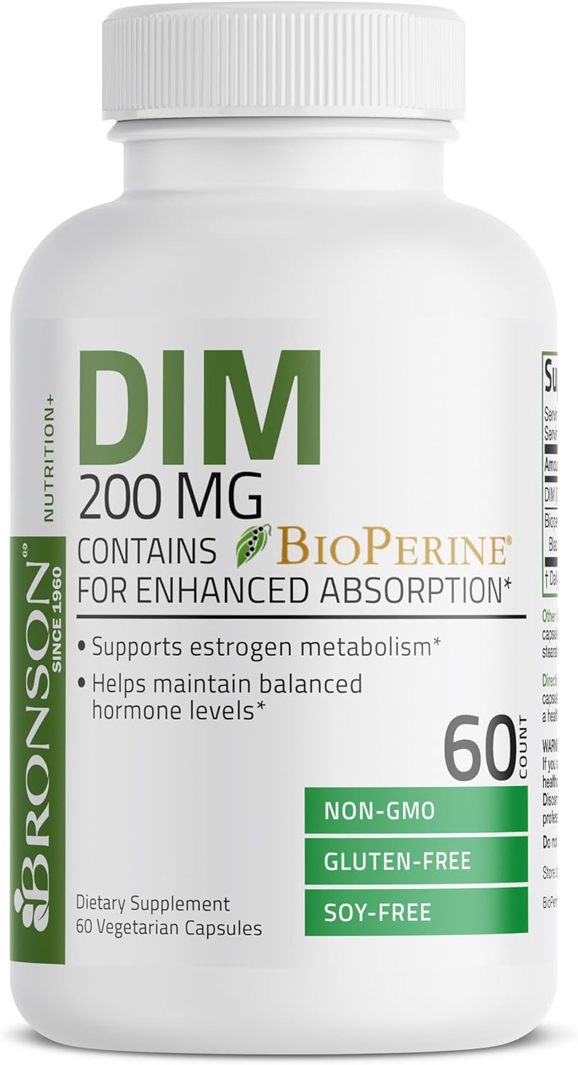 Bronson Dim Supplement 200 Mg Diindolymethane With Bioperine For Enhanced Absorption, Estrogen Metabolism & Maintains Balanced Hormone Levels, 60 Vegetarian Capsules