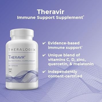 Theralogix Theravir Immune Support Supplement - 90-Day Supply - Immune Support Supplement For Women & Men - Includes Vitamin D3, Vitamin C, Zinc, Quercetin & Melatonin - Nsf Certified - 180 Capsules