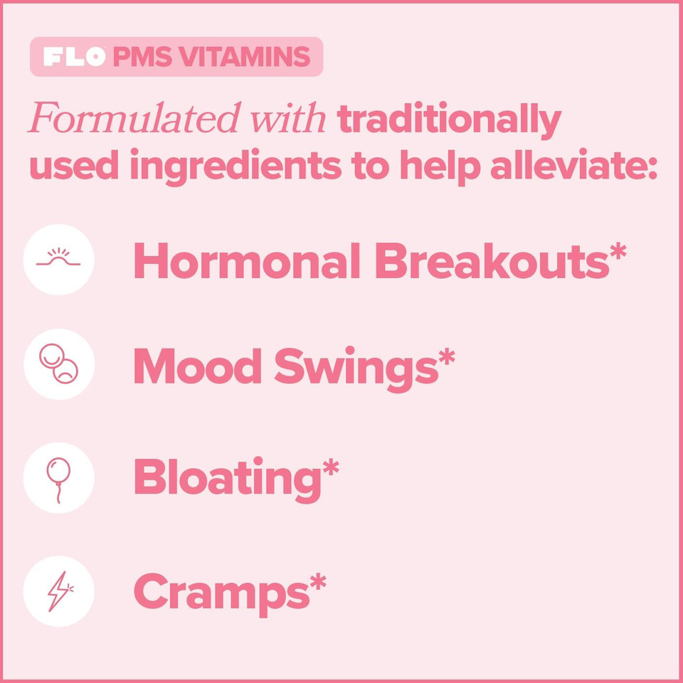 Flo Pms Gummies For Women, 30 Servings (Pack Of 1) - Proactive Pms Relief - Targets Hormonal Breakouts, Bloating, Cramps, & Mood Swings With Chasteberry, Vitamin B6, & Lemon Balm