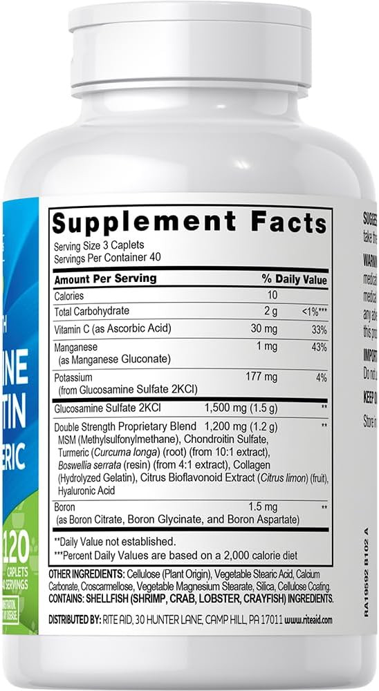 Rite Aid Ds Glucosamine Chondr Msm Coated Caplets 120 Count, Supports Healthy Cartilage, Protects Joints And Bones, Antioxidant Formula