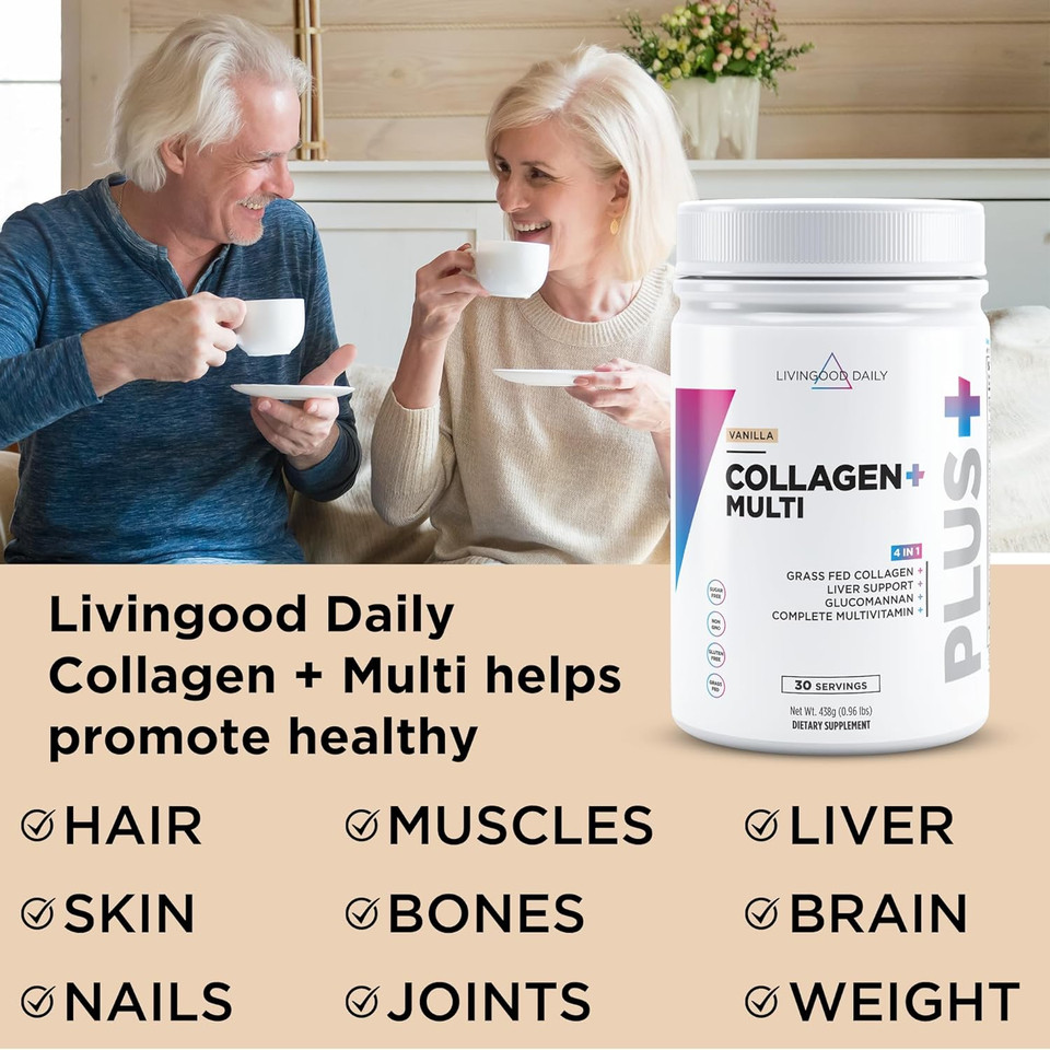 Livingood Daily Vanilla Collagen Powder, 30 Servings - Collagen Protein Powder (Collagen Type 1 And 3) Plus Multivitamin, Milk Thistle & Glucosamine - Hydrolyzed Collagen Peptides - 15.87Oz