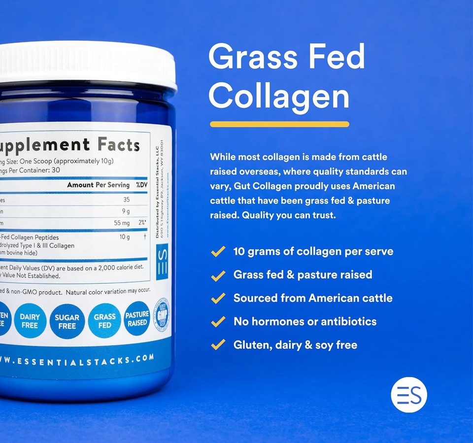 Essential Stacks Collagen Peptides Powder (From Grass Fed American Cattle) - Gluten, Dairy & Soy Free - Unflavored Hydrolyzed Collagen Supplement (10.6 Oz)